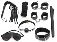 Velký BDSM set pro začátečníky, černý - pouta, bič, maska, obojek a roubík